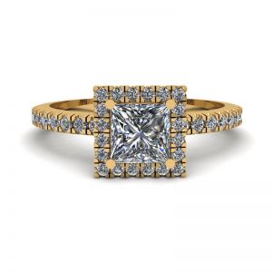 Verlobungsring mit schwebendem Halo-Diamant im Prinzessschliff aus Gelbgold