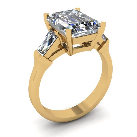 Verlobungsring mit drei Steinen, Smaragd und Baguette-Diamant, Gelbgold,  Bild vergrößern 4