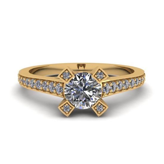 Designer-Ring mit rundem Diamant und Pavé aus 18-karätigem Gelbgold, Bild 1