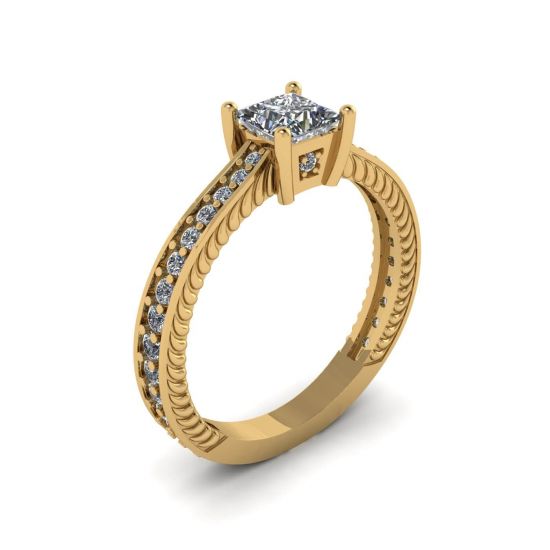 Ring mit Prinzessinnendiamant im orientalischen Stil mit Pavé-Fassung aus 18 Karat Gelbgold,  Bild vergrößern 4