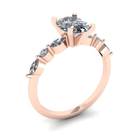 Ovaler Ring mit seitlichem Marquise-Diamant und runden Steinen aus Roségold,  Bild vergrößern 4