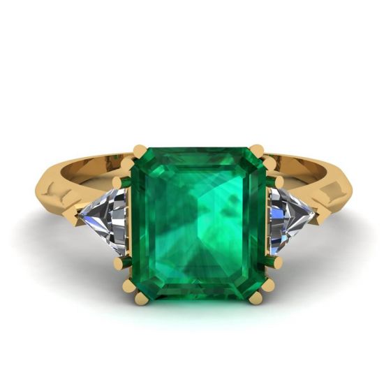 3-Karat-Smaragdring mit dreieckigen seitlichen Diamanten aus Gelbgold, Bild 1
