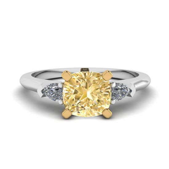 Kissenförmiger Ring mit gelbem Diamant und seitlichen weißen Birnen, Bild vergrößern 1