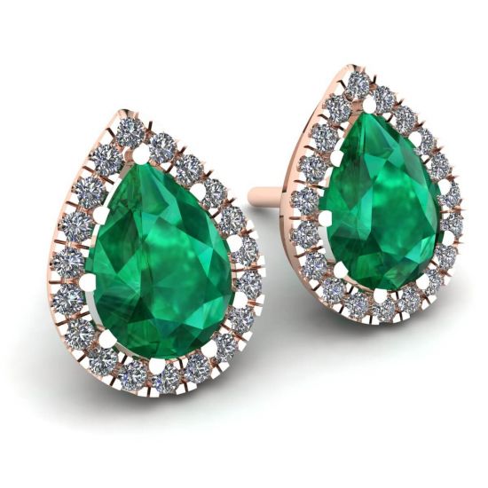 Birnenförmiger Smaragd mit Diamant-Halo-Ohrringen aus Roségold, More Image 0