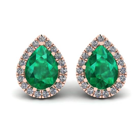 Birnenförmiger Smaragd mit Diamant-Halo-Ohrringen aus Roségold