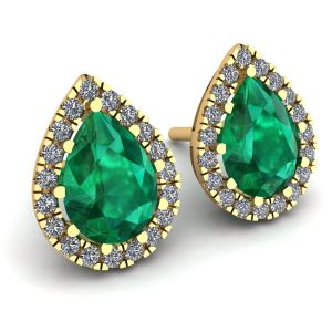 Birnenförmiger Smaragd mit Diamant-Halo-Ohrringen aus Gelbgold - Foto 1