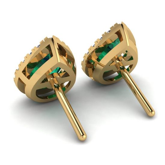 Birnenförmiger Smaragd mit Diamant-Halo-Ohrringen aus Gelbgold,  Bild vergrößern 3
