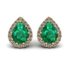 Birnenförmiger Smaragd mit Diamant-Halo-Ohrringen aus Gelbgold