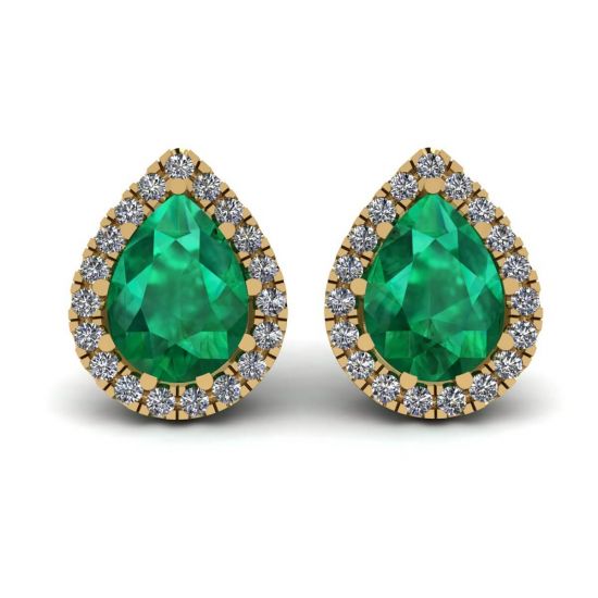 Birnenförmiger Smaragd mit Diamant-Halo-Ohrringen aus Gelbgold, Bild 1