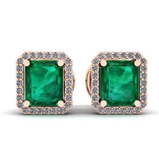 2 Karat Smaragd mit Diamant-Halo-Ohrstecker aus Roségold, Bild vergrößern 1