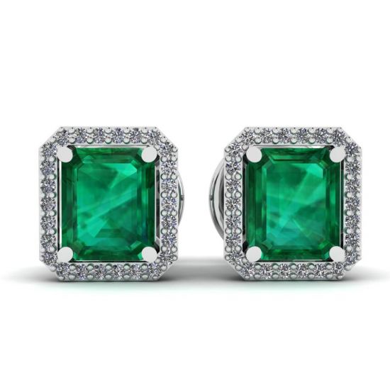 2 Karat Smaragd mit Diamant-Halo-Ohrstecker aus Weißgold, Bild vergrößern 1