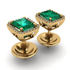 2 Karat Smaragd mit Diamant-Halo-Ohrstecker aus Gelbgold - Foto 2