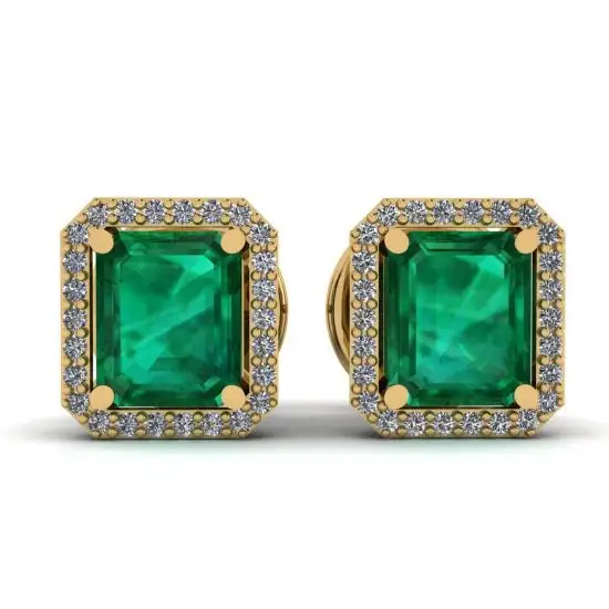 2 Karat Smaragd mit Diamant-Halo-Ohrstecker aus Gelbgold, Bild vergrößern 1