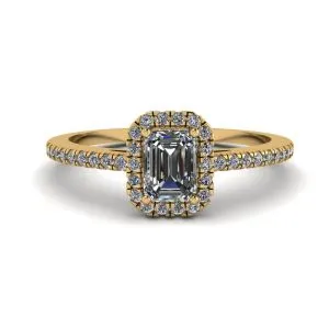 Diamantring im Smaragdschliff mit Halo-Gelbgold