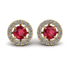 Rubin-Ohrstecker mit abnehmbarer Diamant-Halo-Jacke aus Gelbgold