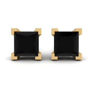 4 mm schwarze Diamant-Ohrstecker im Princess-Schliff aus Gelbgold