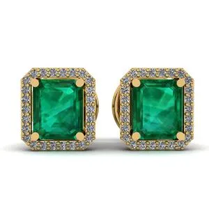 2 Karat Smaragd mit Diamant-Halo-Ohrstecker aus Gelbgold